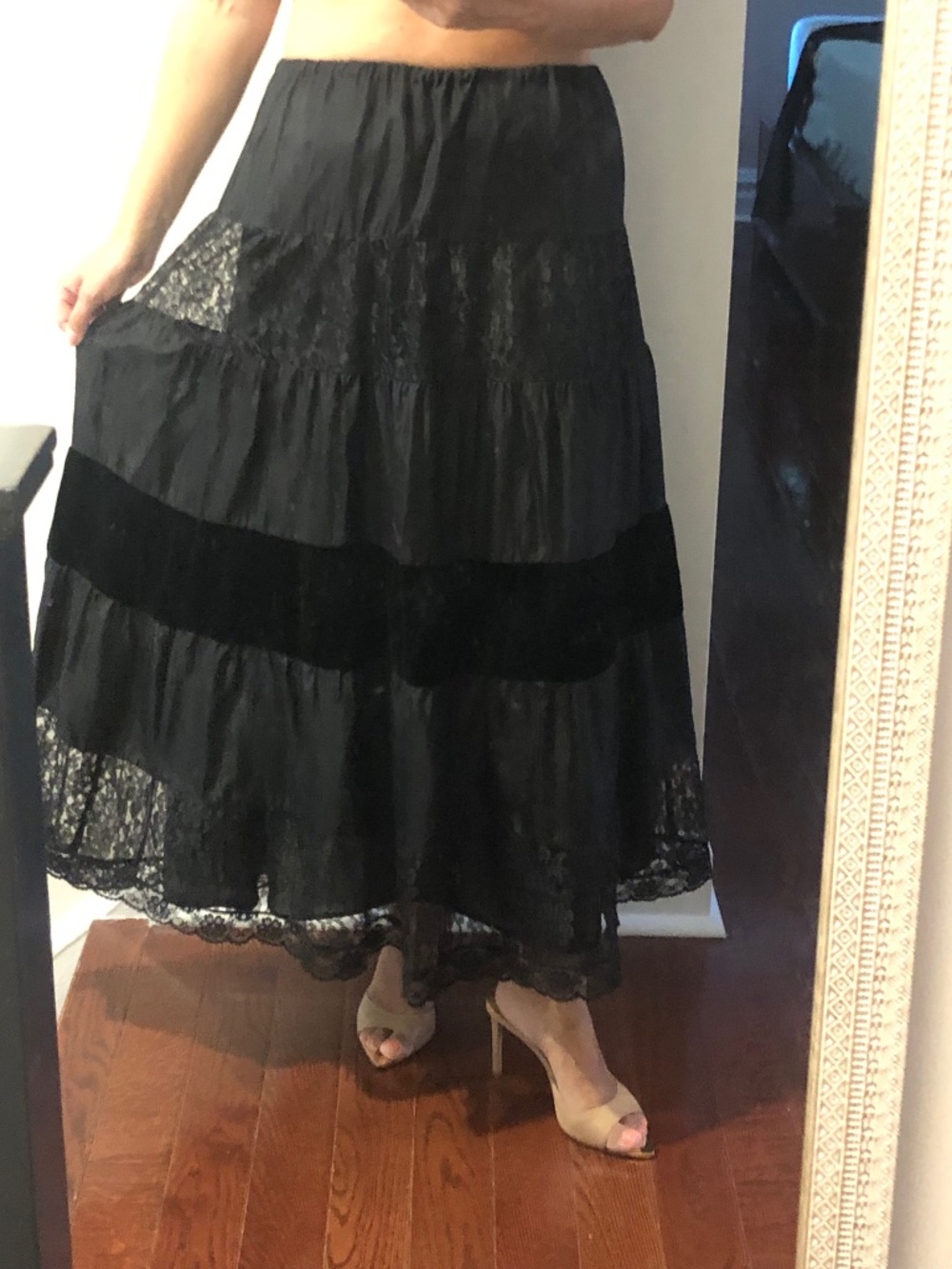 Vintage Velvet Lace black tiered maxi skirt